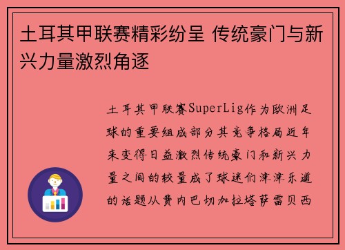 土耳其甲联赛精彩纷呈 传统豪门与新兴力量激烈角逐