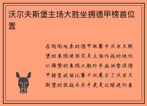 沃尔夫斯堡主场大胜坐拥德甲榜首位置